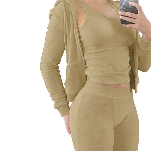 Women Thick Fleece 3 Piece Set Sweatpants & Vest & Hoodies Jackets Set
