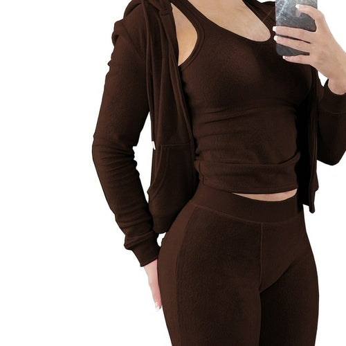 Women Thick Fleece 3 Piece Set Sweatpants & Vest & Hoodies Jackets Set