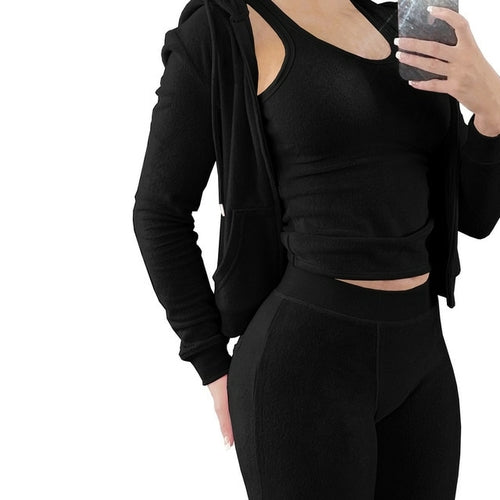 Women Thick Fleece 3 Piece Set Sweatpants & Vest & Hoodies Jackets Set