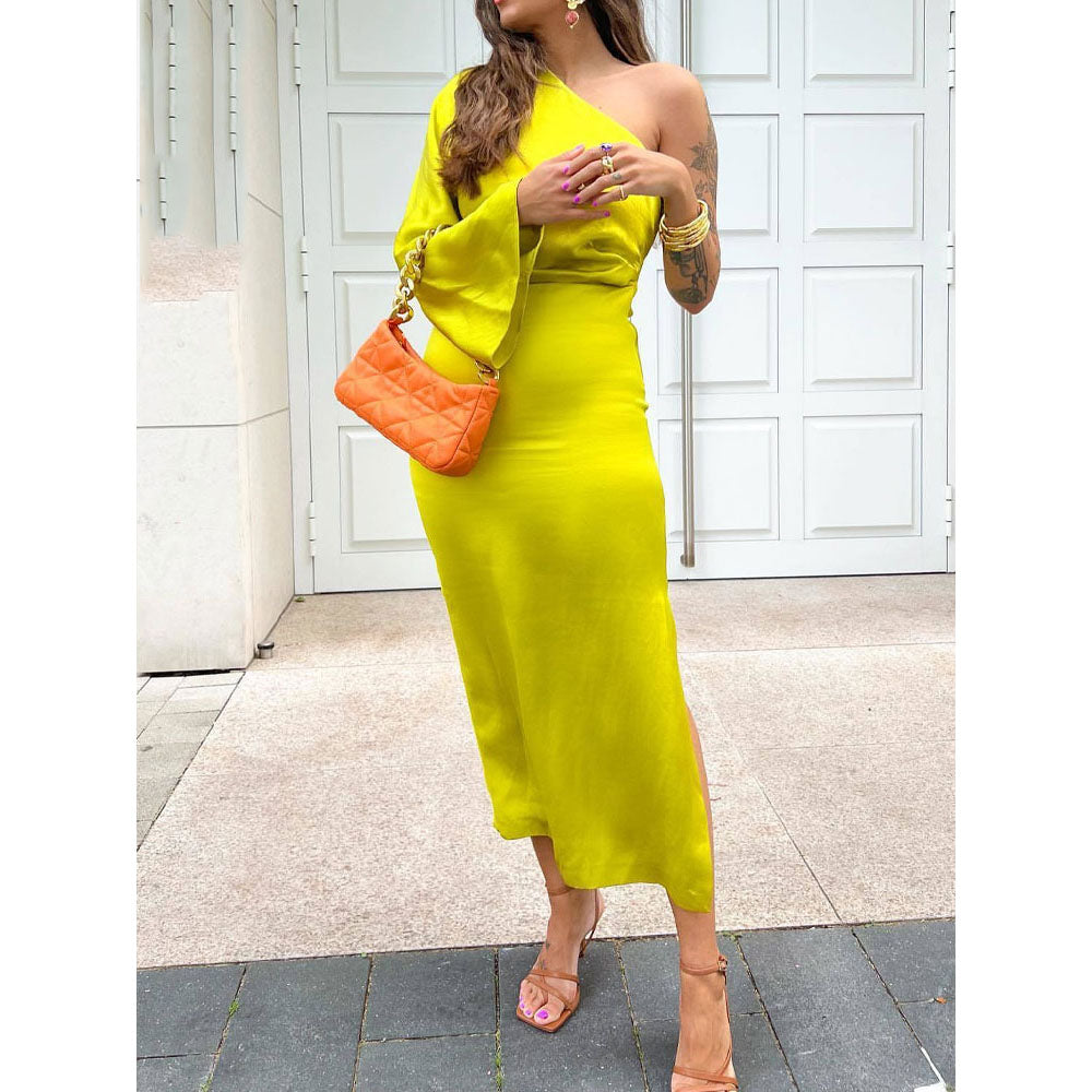 Draped Satin Asymmetrical Midi Dress