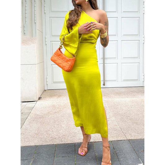Draped Satin Asymmetrical Midi Dress