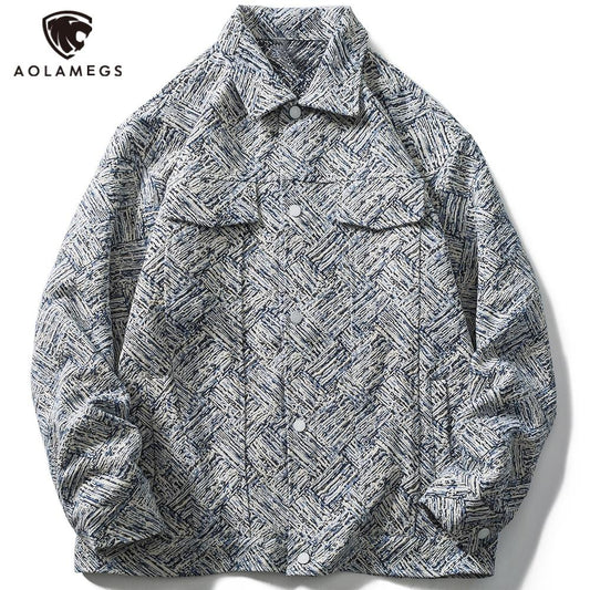 Jacket Men Harajuku Pattern Letter Patch Turn-down Collar Jackets Coat