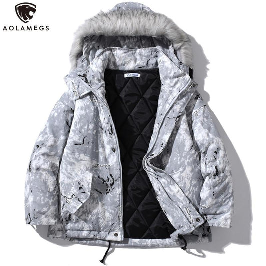 Parka Jacket Men Letter Tie Dye Print Zipper Sleeve Hooded Jackets