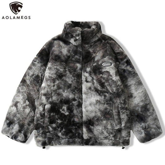 Faux Fur Fleece Winter Jacket Men Tie Dye Printed Fuzzy Jackets Casual