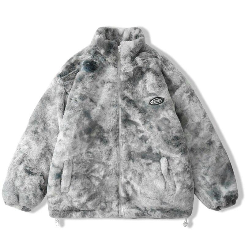 Faux Fur Fleece Winter Jacket Men Tie Dye Printed Fuzzy Jackets Casual