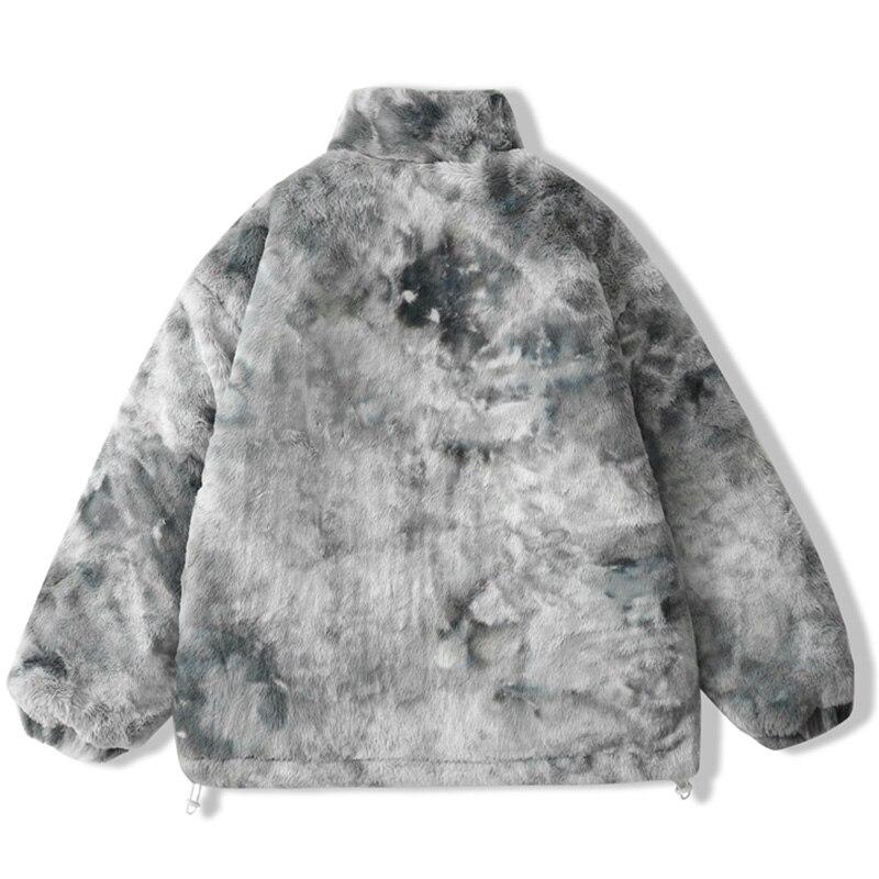 Faux Fur Fleece Winter Jacket Men Tie Dye Printed Fuzzy Jackets Casual