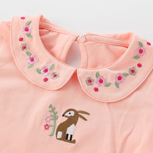Baby Girl Cartoon & Floral Embroidery Pattern Mesh Overlay Design